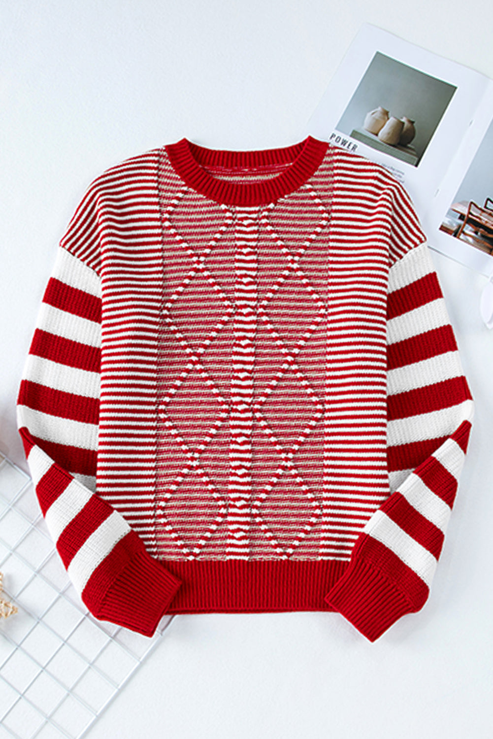 Red Stripe Geometric Textured Drop Shoulder Sweater