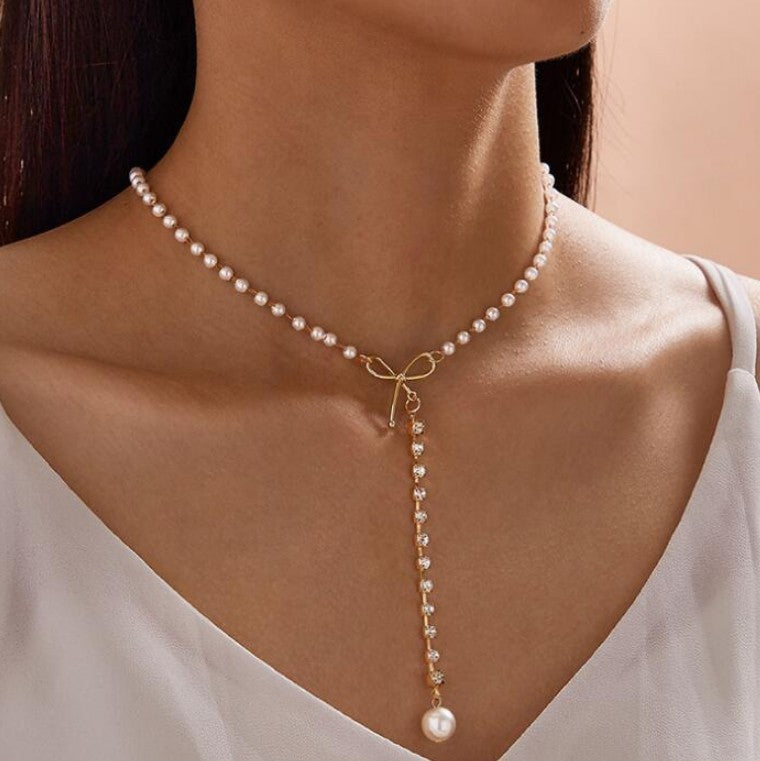 European And American Graceful Bow Long Pearl Tassel Pendant Necklace