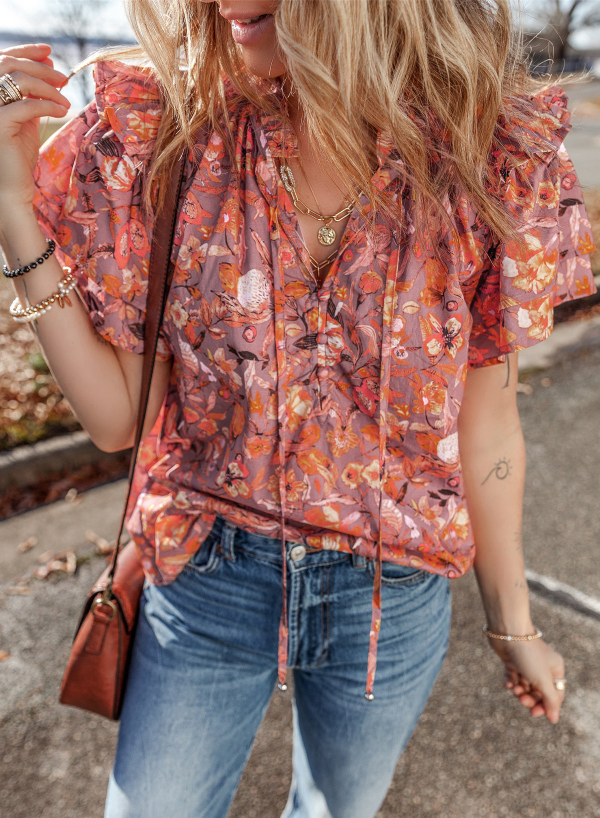 Orange Floral Print Ruffled Flutter Sleeve Frilled V Neck Blouse