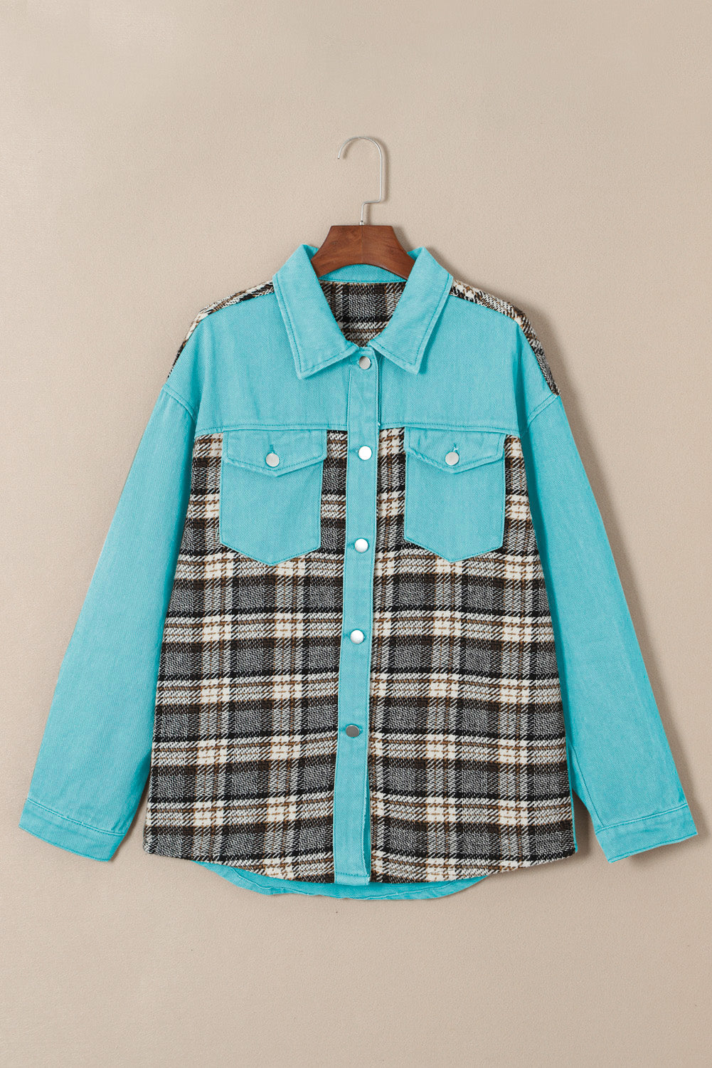 Sky Blue Plaid Patchwork Pockets Denim Jacket