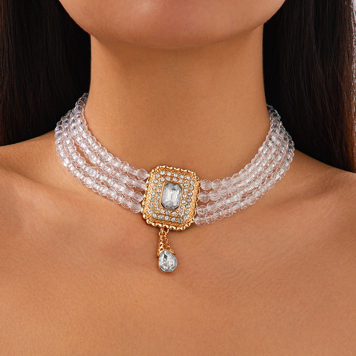 Palace style crystal bead choker necklace retro square diamond studded collarbone chain