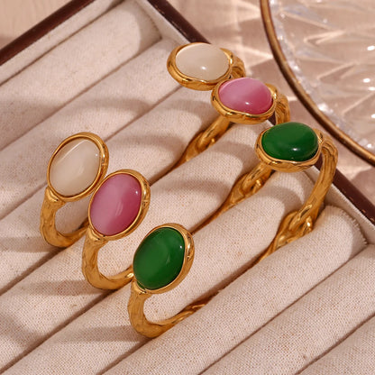 Oval Natural Stone Open Irregular Green Agate Pink Crystal Bracelet 18K Gold Plated 316L Stainless Steel Bracelets for Women