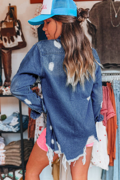 Sky Blue Light Wash Distressed Frayed Long Denim Jacket