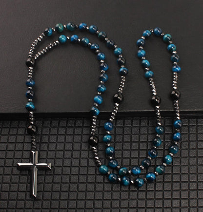 Natural Round Beads Long Chain Haematite Cross Beads Men's Necklace