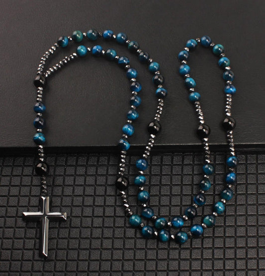 Natural Round Beads Long Chain Haematite Cross Beads Men's Necklace