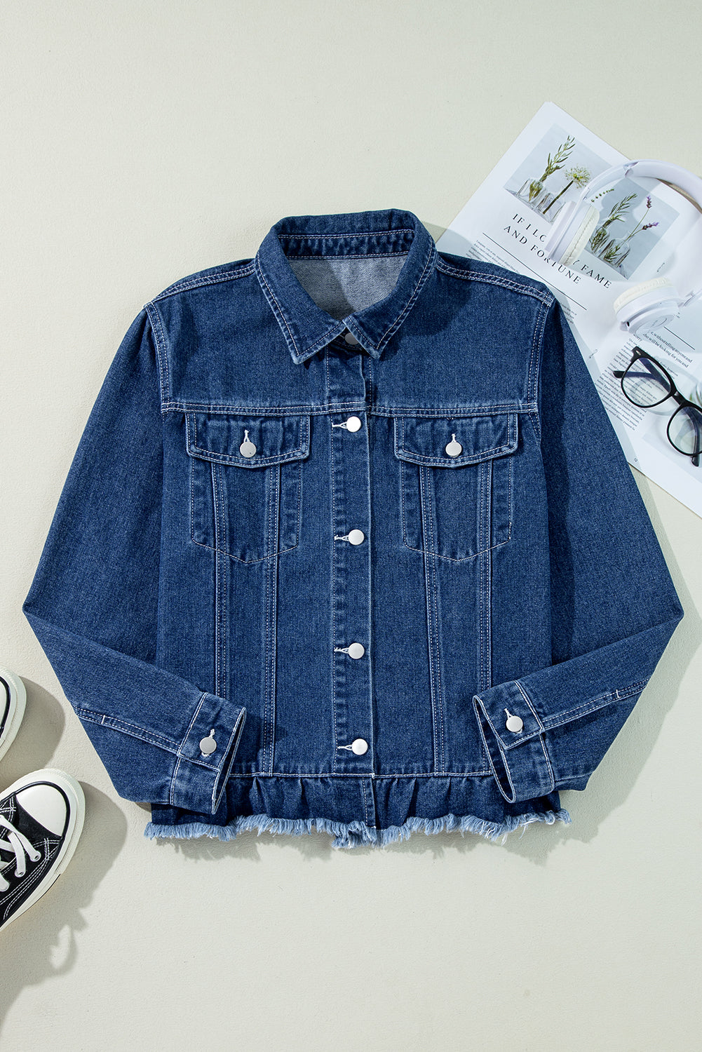 Navy Blue Ruffle Raw Hem Flap Pockets Denim Jacket