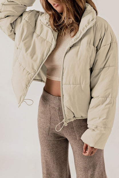 Apricot Zip Up Drawstring Hem Puffer Jackets