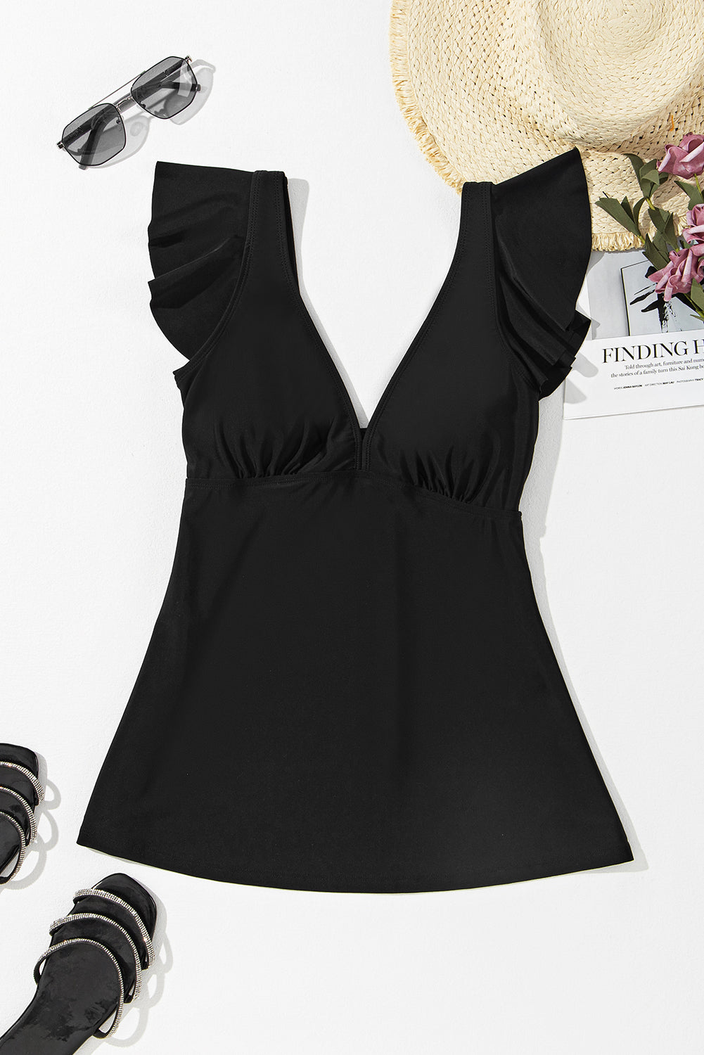 Black Sexy V Neck Ruffle Sleeve Tankini Top