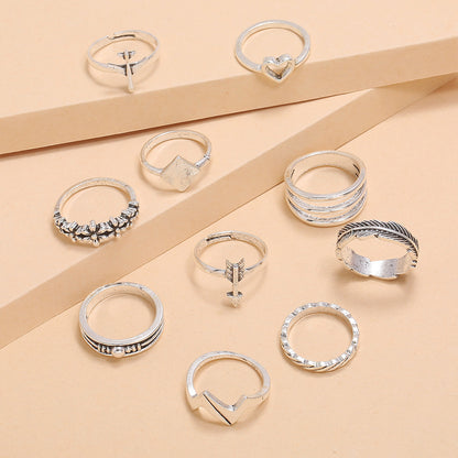 Hollow Silver Small Flower Airplane Wave Geometry Set Of 10 Rings