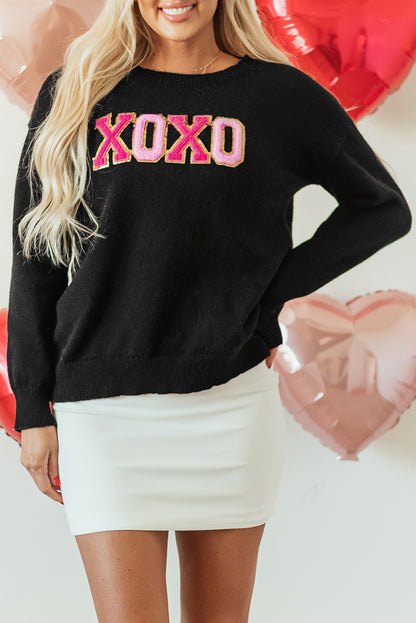 Black XOXO Glitter Print Round Neck Casual Sweater