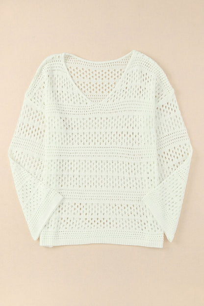 White Hollow Out Crochet V Neck Pullover Sweater