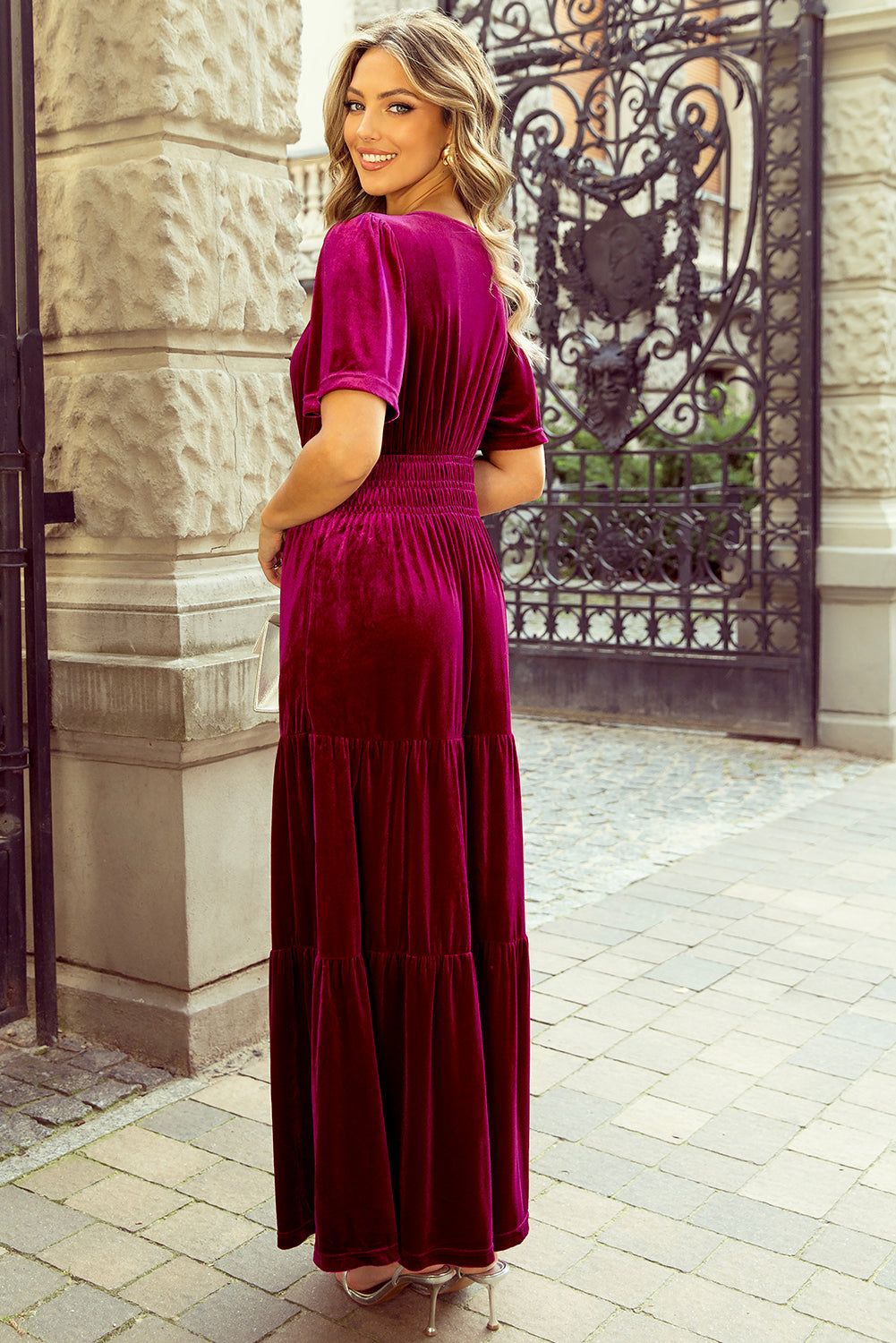 Red Dahlia Velvet Short Sleeve Shirred Waist Tiered Maxi Dress