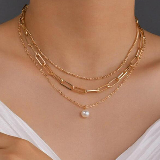 Thick Straps Multi-layer Imitation Pearl Pendant Women's Necklace Short Clavicle Chain