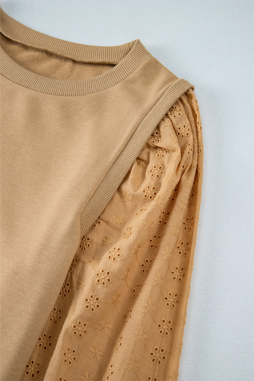 Pale Khaki Textured Patchwork Round Neck Sweatshirt