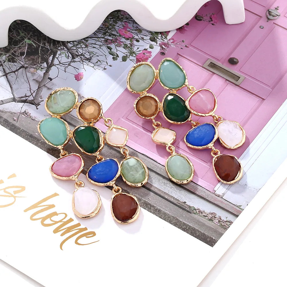 New product color blocking jelly water droplet tassel earrings light luxury long colored imitation gemstone earrings