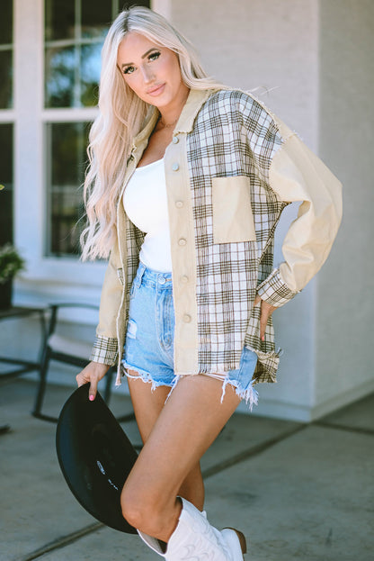 Khaki Distressed Raw Edge Plaid Patchwork Denim Jacket