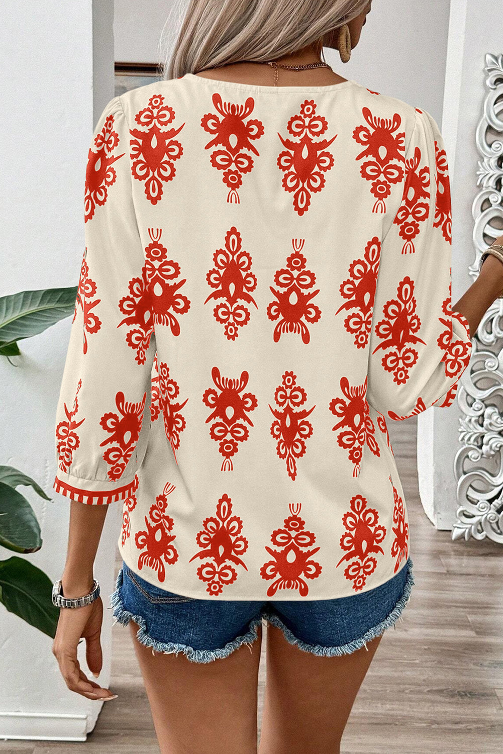 Orange Vintage Geometric Printed 3/4 Sleeve V Neck Blouse