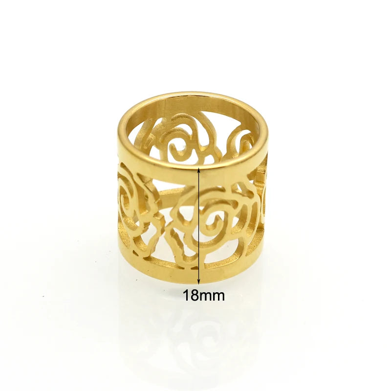 New Arrival Top Quality Rose Flower Hollowing Craft Gold Color Ring Fashion Brand Jewelry Stainless Steel