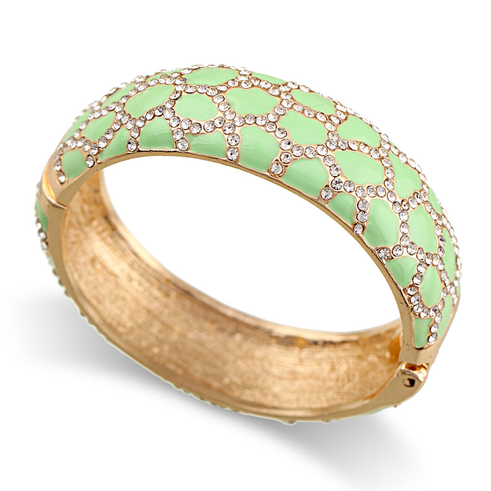 Leopard patterned enamel full diamond drop glaze fashionable alloy open bracelet in 6 colors