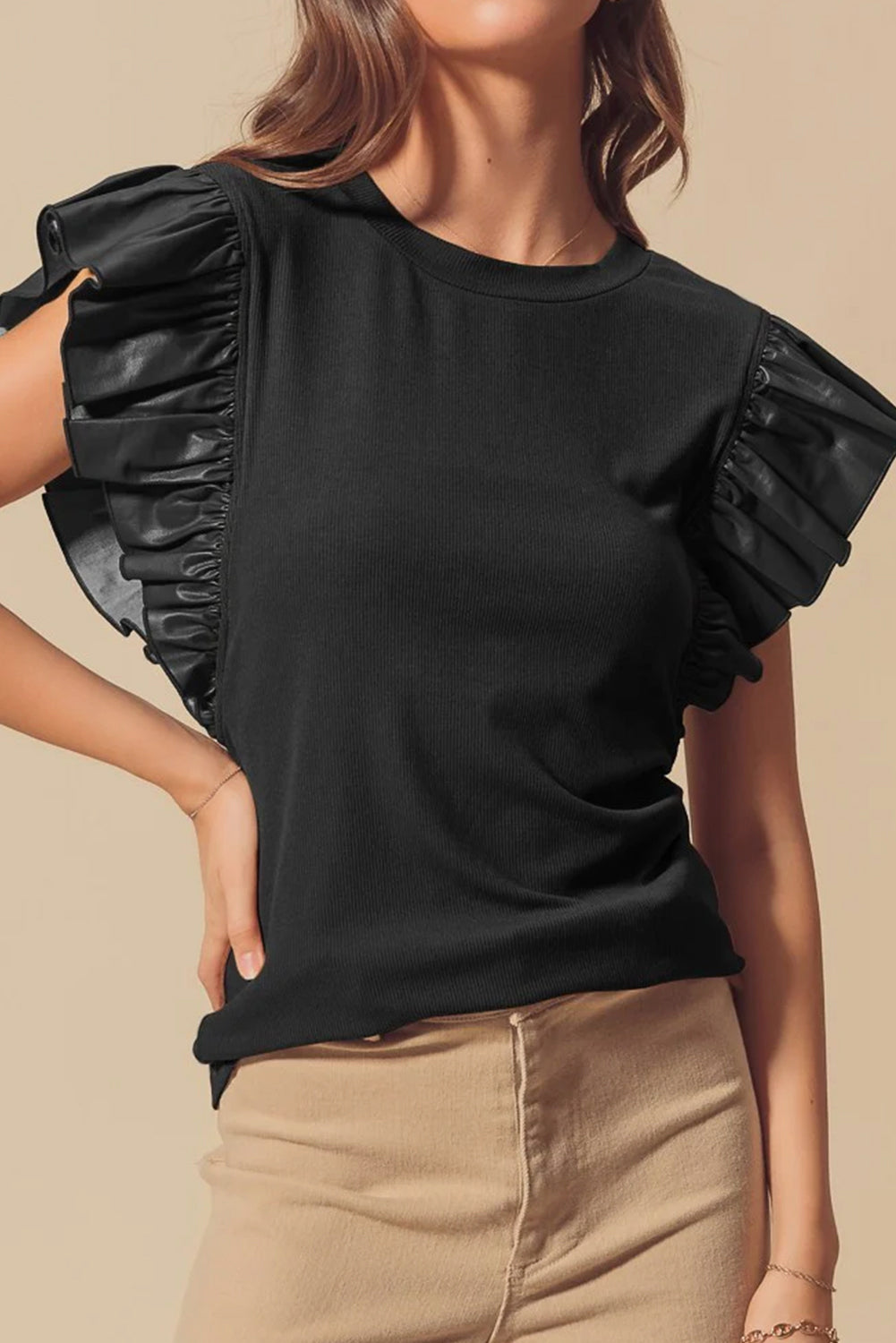 Cinnamon Leather Ruffle Sleeve Patchwork Round Neck Blouse