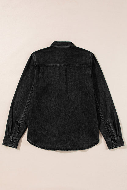 Black Flap Pocket Buttons Collared Jean Jacket