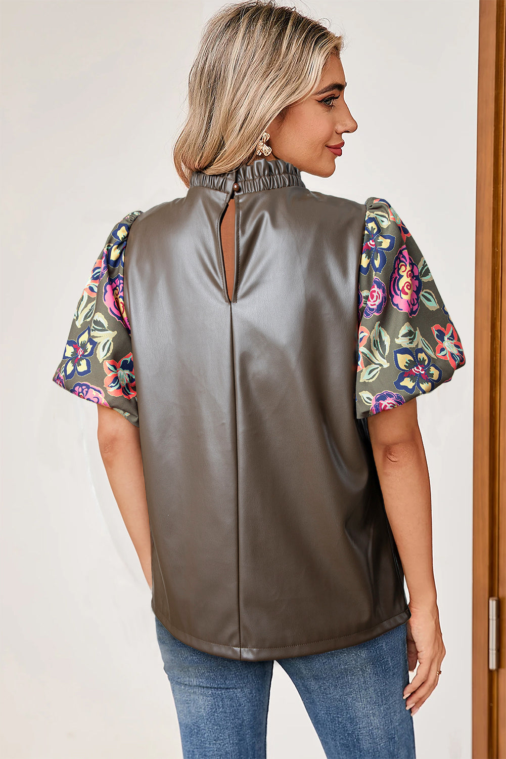 Four Leaf Clover Floral Bubble Sleeve Patchwork Leatherette Frilled Round Neck Blouse