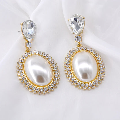 Asymmetric Big Oval Pearl Crystal Long Drop Earrings White Imitation Pearl Dangle Earrings Women's Brinco Elegant Gift