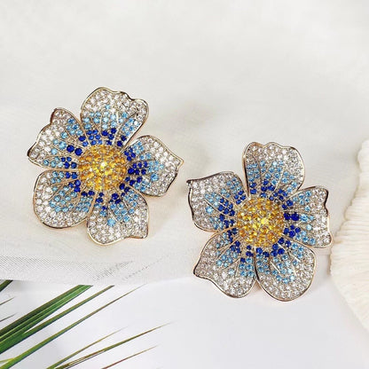 gradient colored zircon large flower earrings earrings with micro inlaid diamond heavy industry