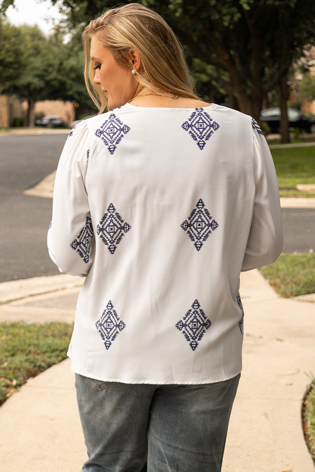 White Boho Geometric Print V Neck Bracelet Sleeve Plus Size Blouse