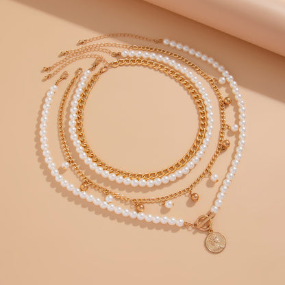 French elegant pearl bead necklace, fashionable commuting alloy multi-layer aluminum chain, collarbone chain