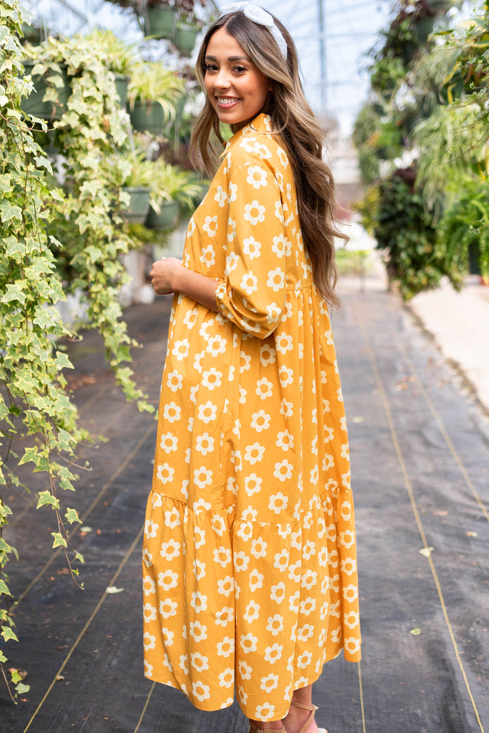 Yellow Flower Print Bracelet Sleeve Buttons Collared Maxi Dress