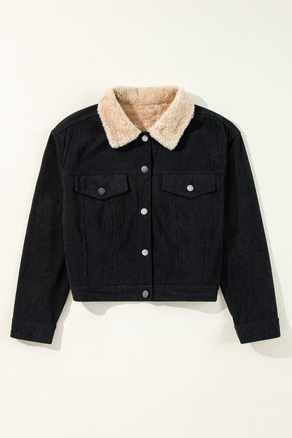 Black Fleece Lined Button-up Collared Corduroy Crop Jacket