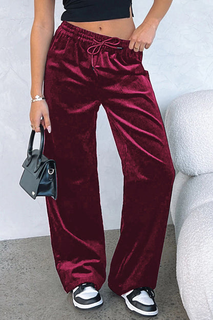 Burgundy Solid Drawstring Waist Wide Leg Pants