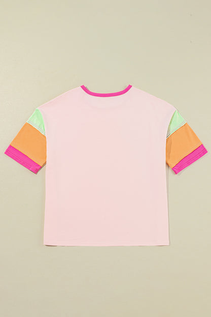 Pink Color Block Stitching Sleeve Round Neck Oversize Top