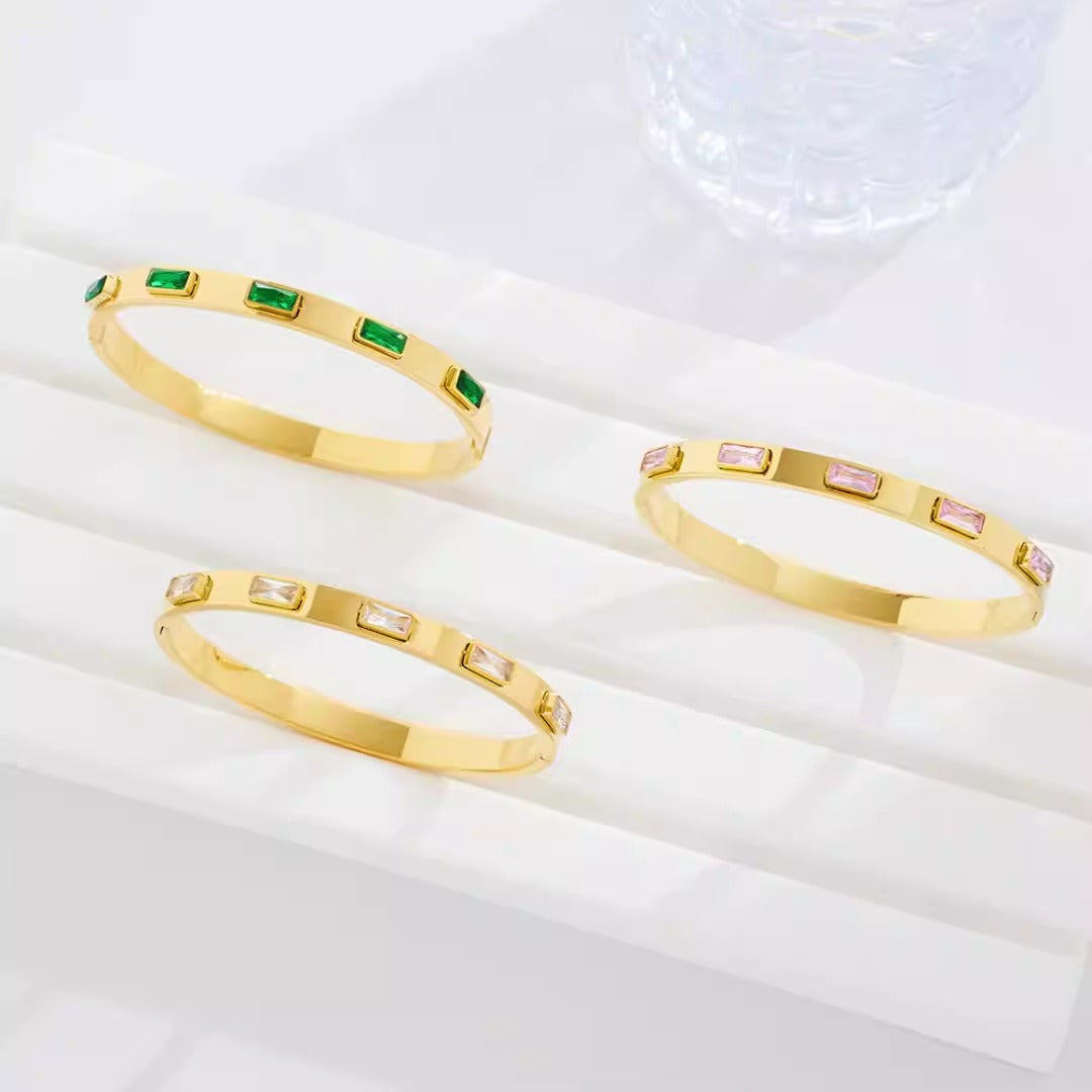 Vacuum Plating18K gold inlaid square green white powder zircon bracelet