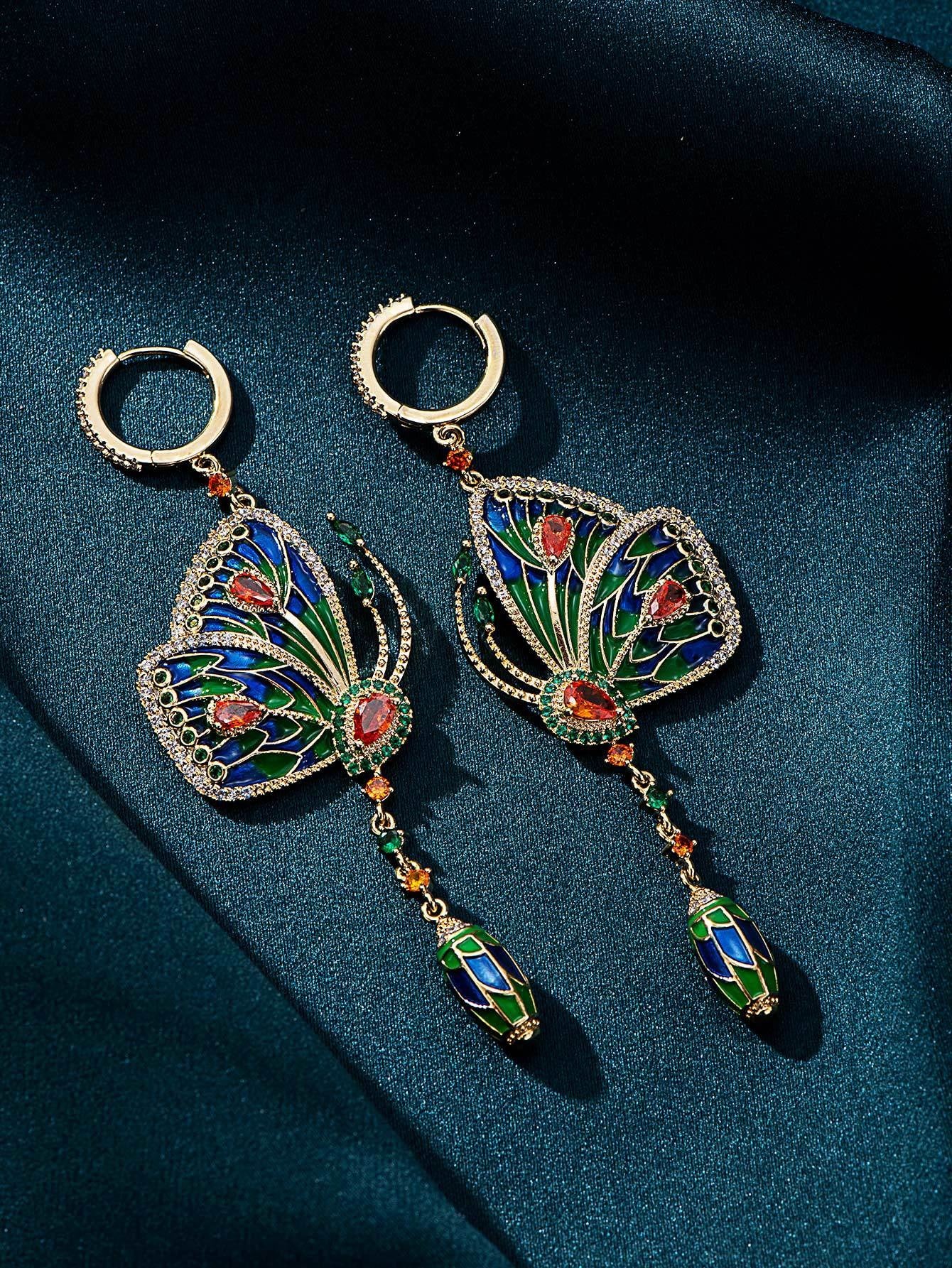 Butterfly Ear Buckle Colorful Diamond Set Long Earrings Fashion Earrings