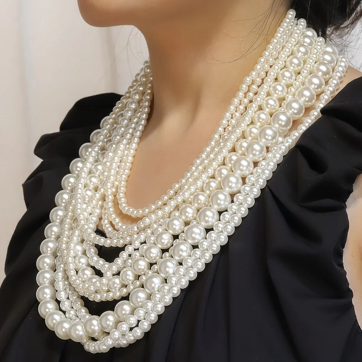 Exaggerated Elegent Multilayer Faux Pearl Crystal Necklace Women's Long Pearl Handmade Accessory