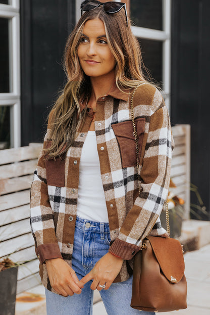 Brown Pocketed Buttoned Plaid Shirt Jacket