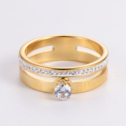 Fashion Stainless Steel Hollow Double Layer Rhinestone Ring