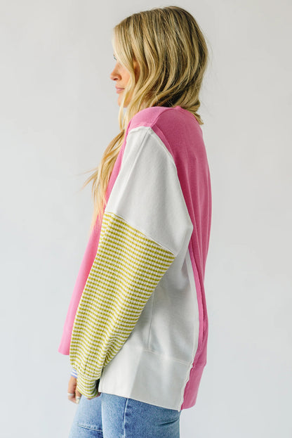 Sachet Pink Exposed Seam Striped Color Block Patchwork Long Sleeve Top