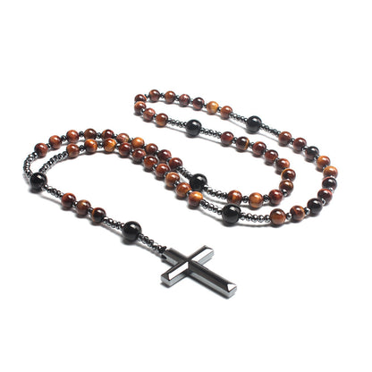 Natural Round Beads Long Chain Haematite Cross Beads Men's Necklace