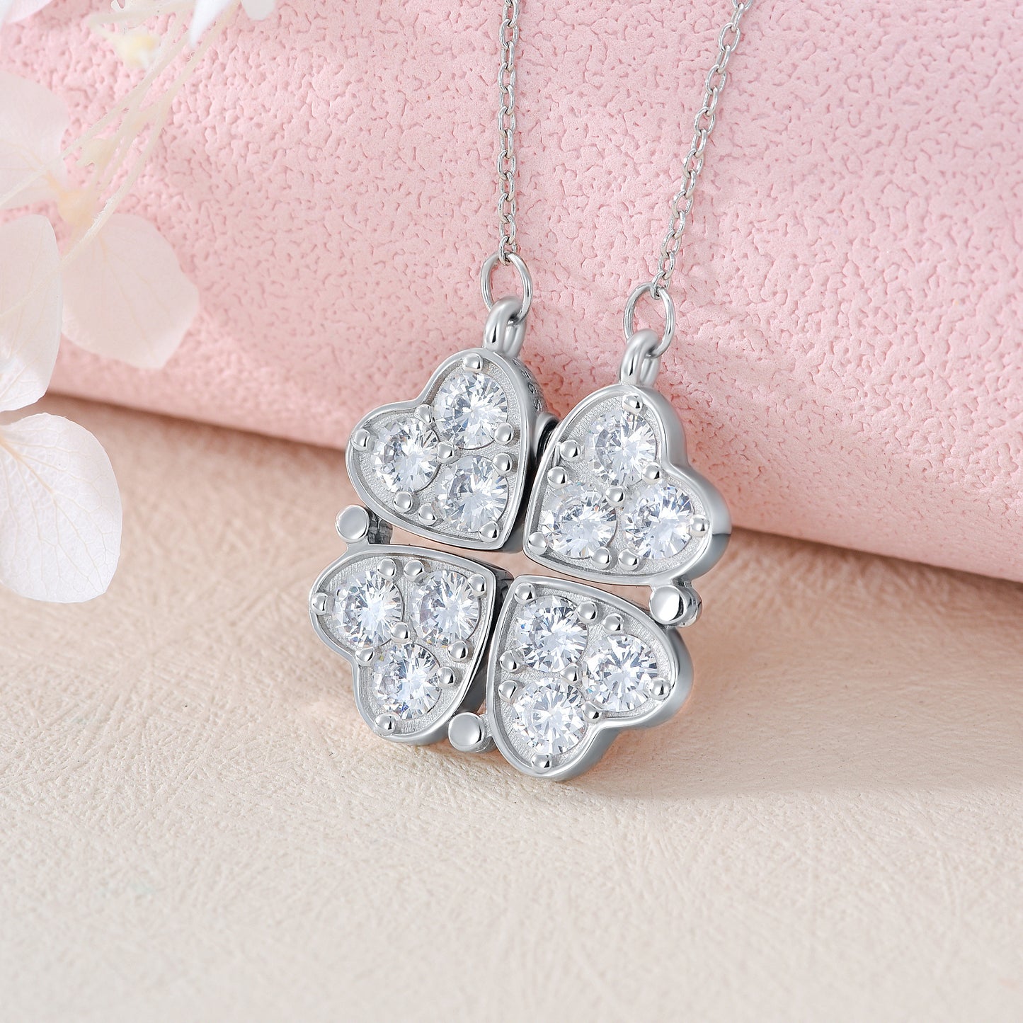 Clover Folded Heart Zircon Charm Pendant Necklace Gift for Women