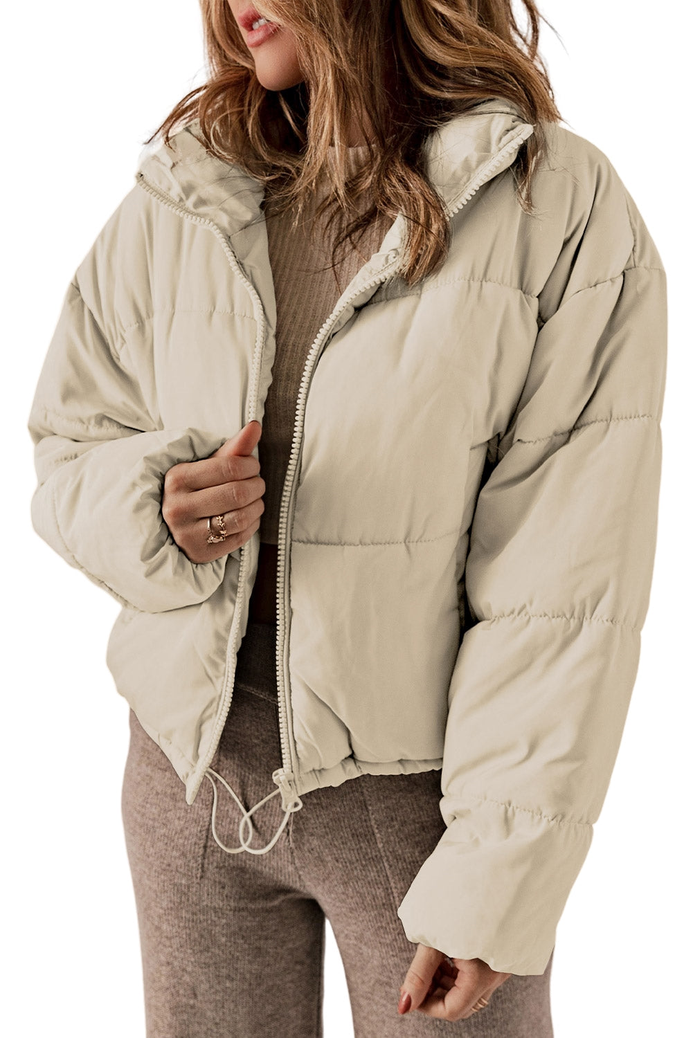 Apricot Zip Up Drawstring Hem Puffer Jackets