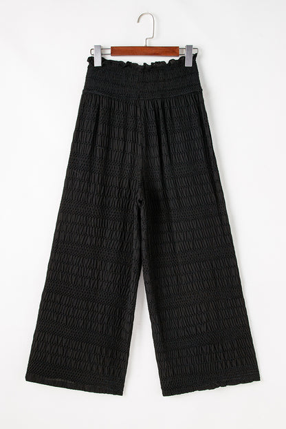 Black Textured Wide Smocked Waist Loose Pants