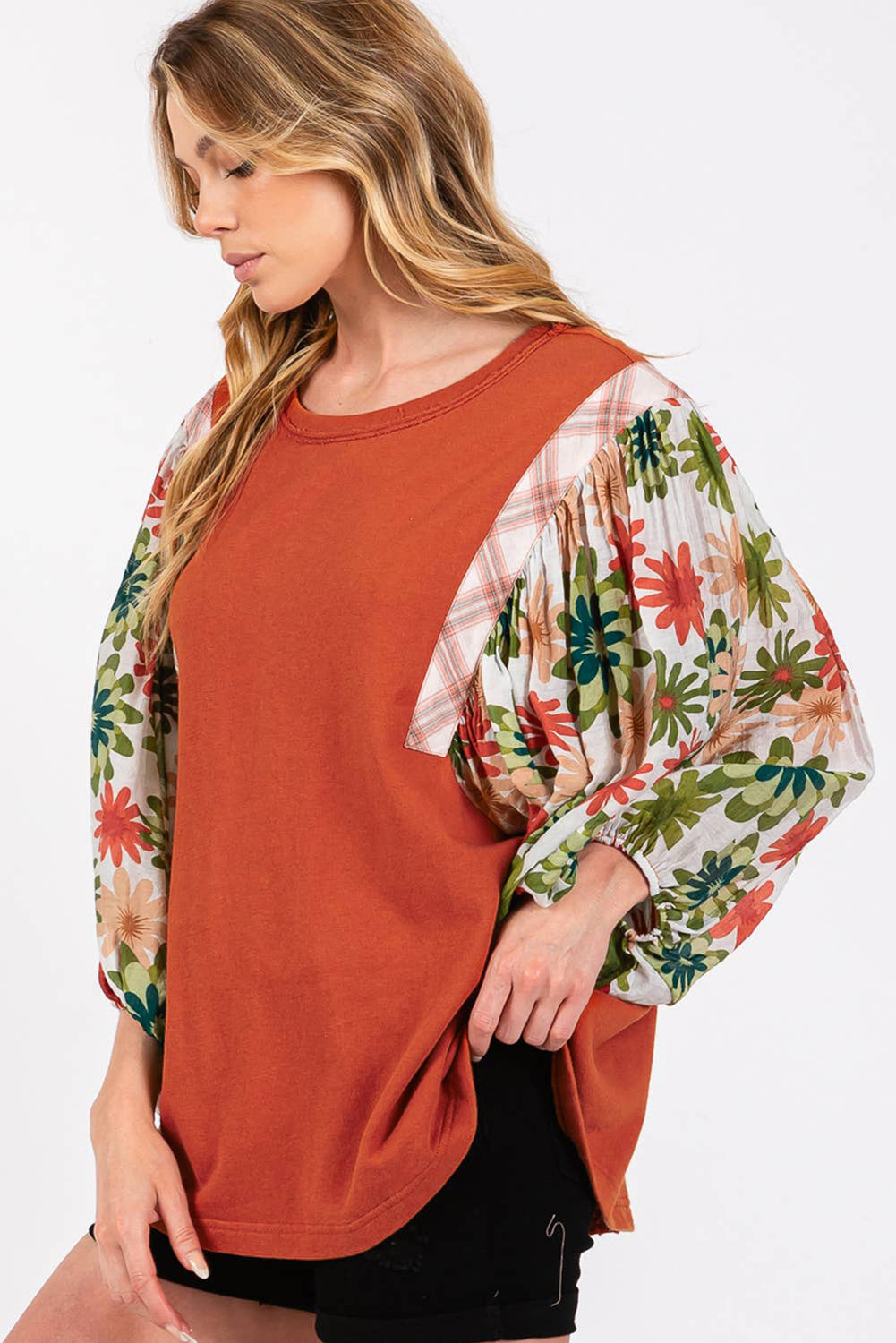 Desert Gold Floral Puff Sleeve Patchwork Round Neck Blouse