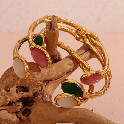 Oval Natural Stone Open Irregular Green Agate Pink Crystal Bracelet 18K Gold Plated 316L Stainless Steel Bracelets for Women