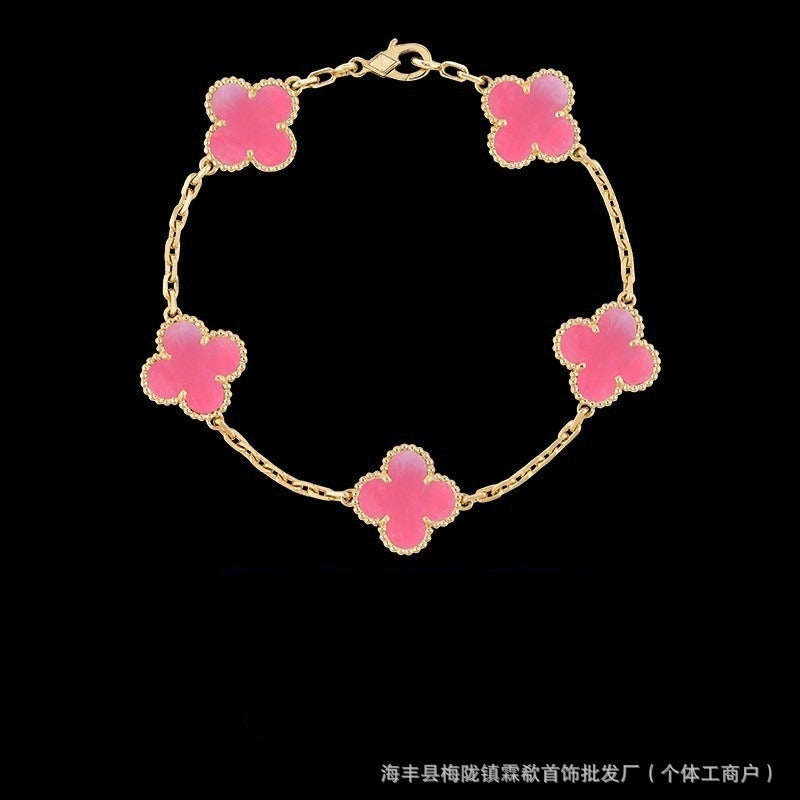 V Gold Four Leaf Grass Five Flower Bracelet Female 18k Rose Gold Red Jade Marrow