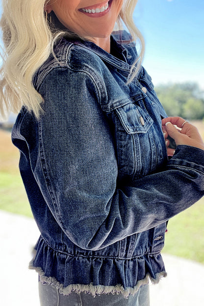 Navy Blue Ruffle Raw Hem Flap Pockets Denim Jacket