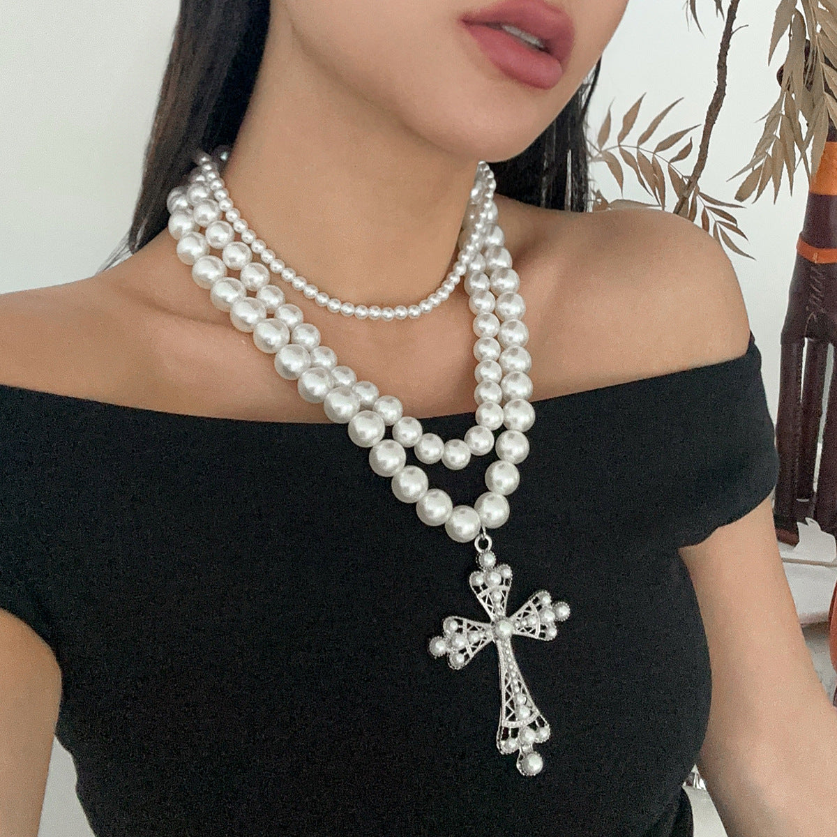 Punk Pearl Multi layer Necklace Set with Personalized Hollow Cross Stacked Collarbone Chain