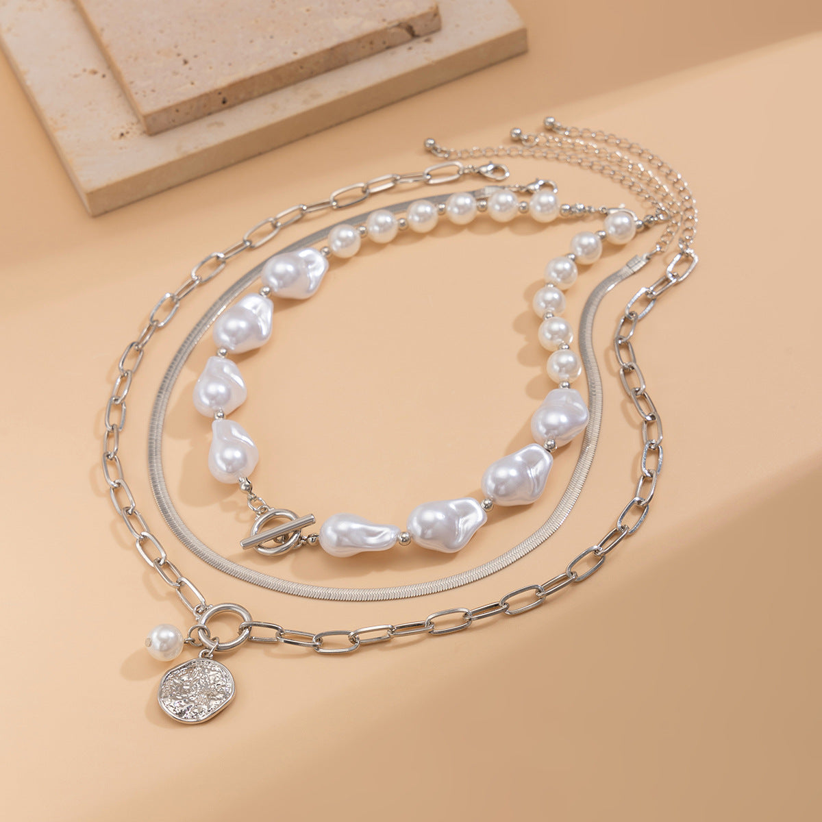 Baroque shaped pearl collarbone chain retro metallic circular pendant multi-layer necklace